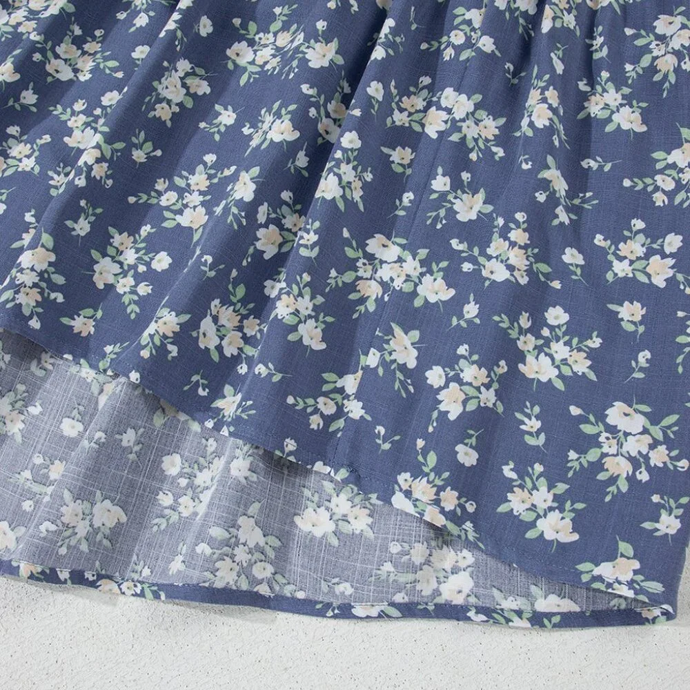 B266 Blue Floral Spaghetti Strap Frilled V Neck Tiered Midi Dress - Picture 15 of 16